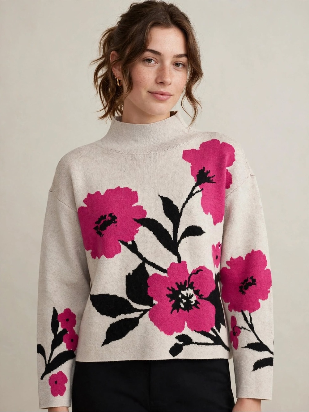 Anthropologie Maeve Carys Mock Neck Sweater Small Floral Beige Pink